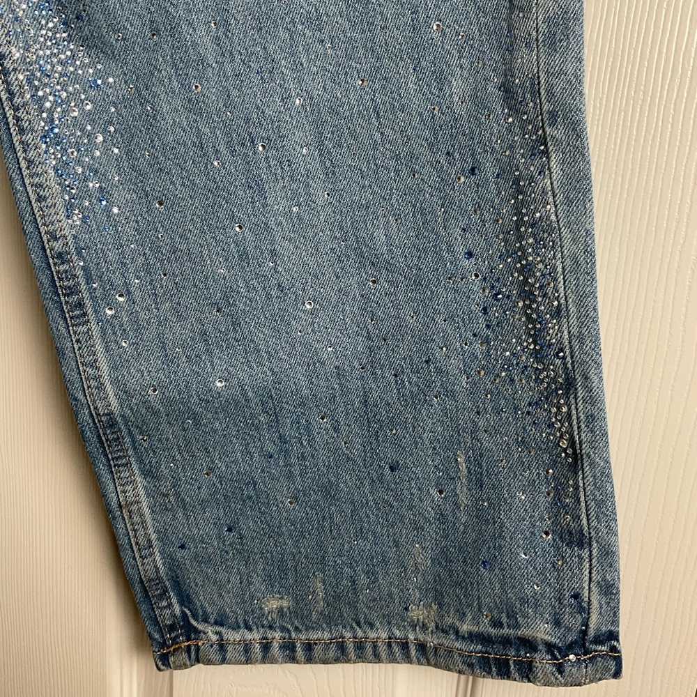 ZARA TRF ripped wide leg rhinestone Jeans Light Wash Distressed - Size US 14 - Picture 7 of 12